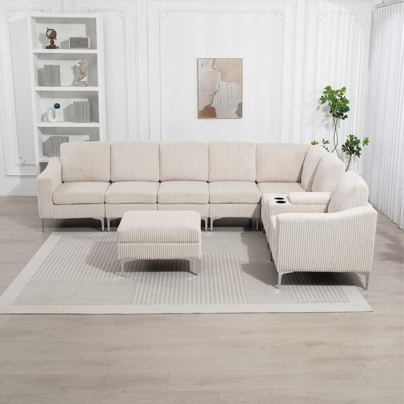 Modern Modular Corduroy Sectional Sofa with USB Ports, Storage Ottoman and Cup Holders for Living Room Apartment - Beige