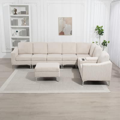 Modern Modular Corduroy Sectional Sofa with USB Ports, Storage Ottoman and Cup Holders for Living Room Apartment