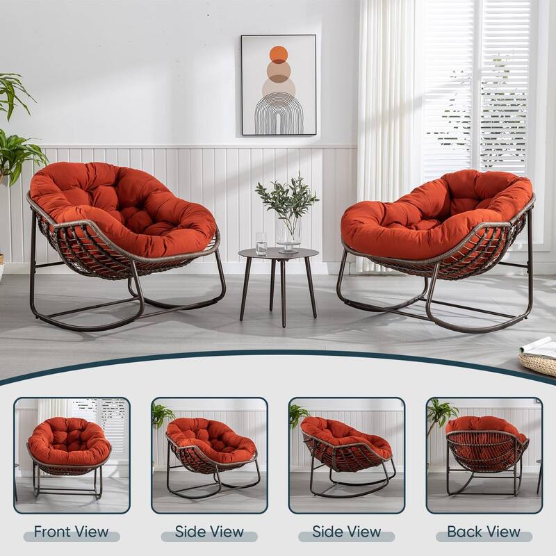 Outdoor Padded Cushion Rocking Chair, Patio Oversized Rattan Egg Chair