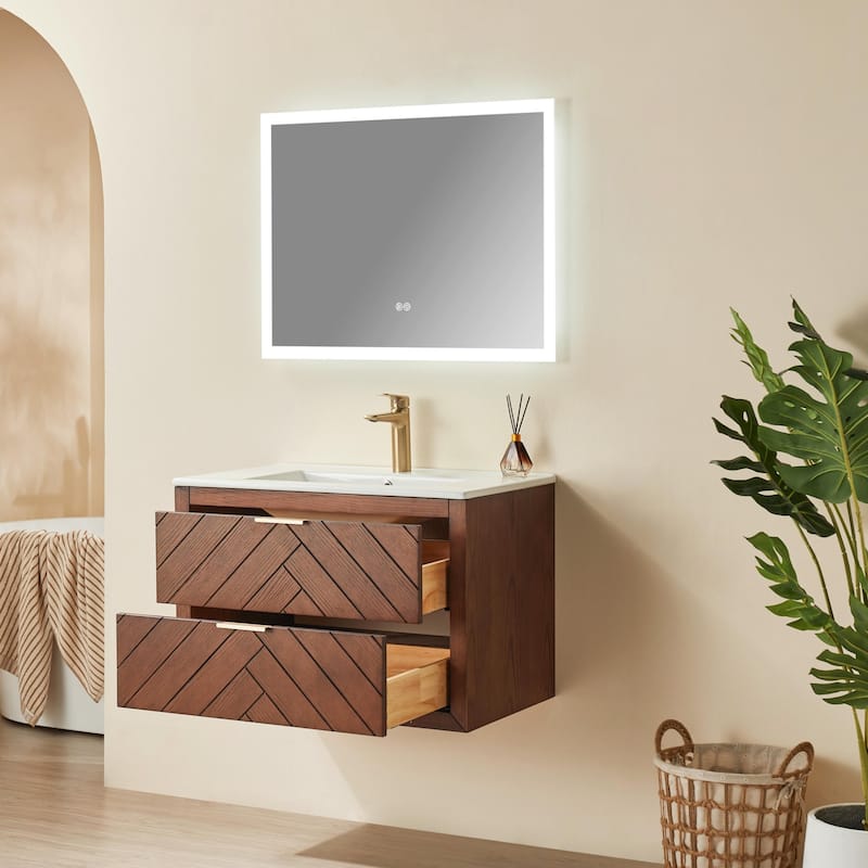 Modland 30" Wall Mount Bathroom Vanity with Ceramic Sink - 2 Soft-Close Drawers, Black/Walnut - 30 inch - Walnut