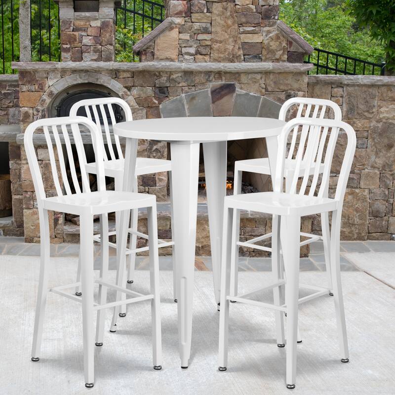 30'' Round Metal Indoor-Outdoor Bar Table Set with 4 Vertical Slat Back Stools - 30"W x 30"D x 41"H - 30"W x 30"D x 41"H - White