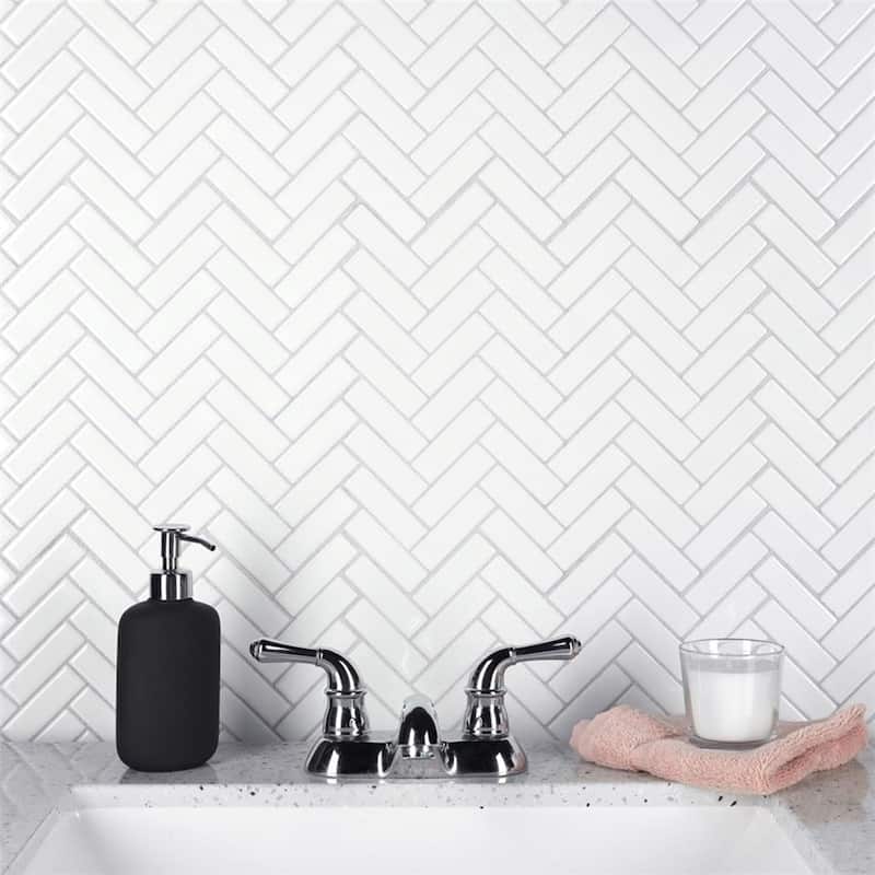 Merola Tile Metro Brick Herringbone Glossy White 10-5/8" x 12-1/2" Porcelain Mosaic Tile