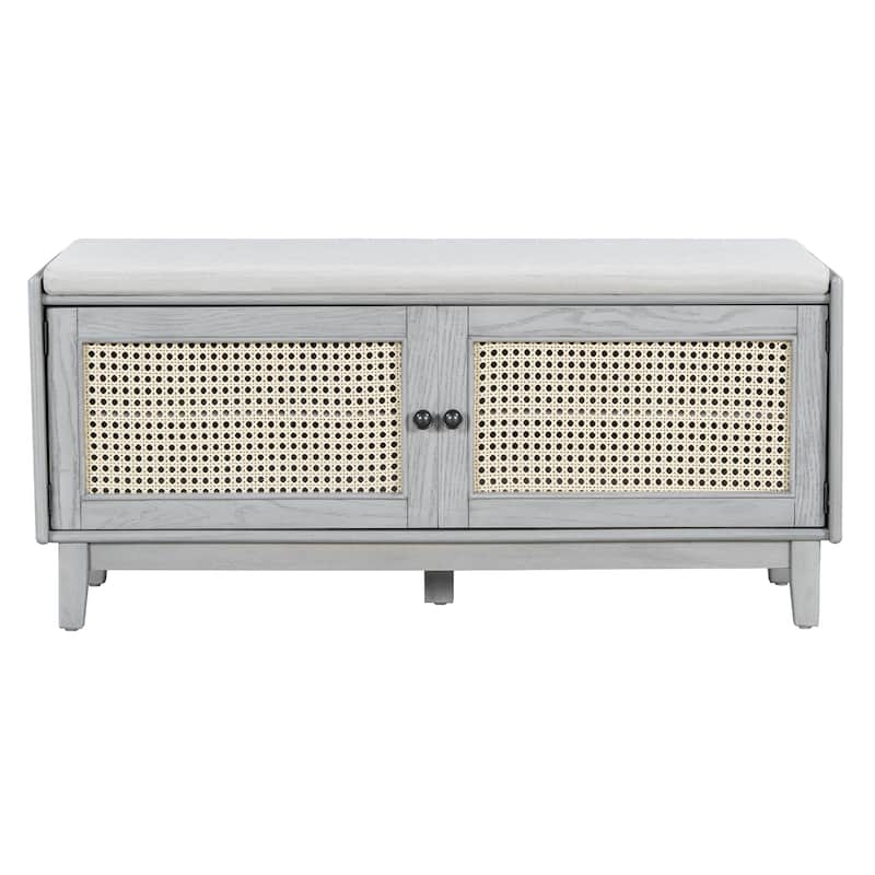 Boho Rattan Entryway Storage Bench with Double Doors