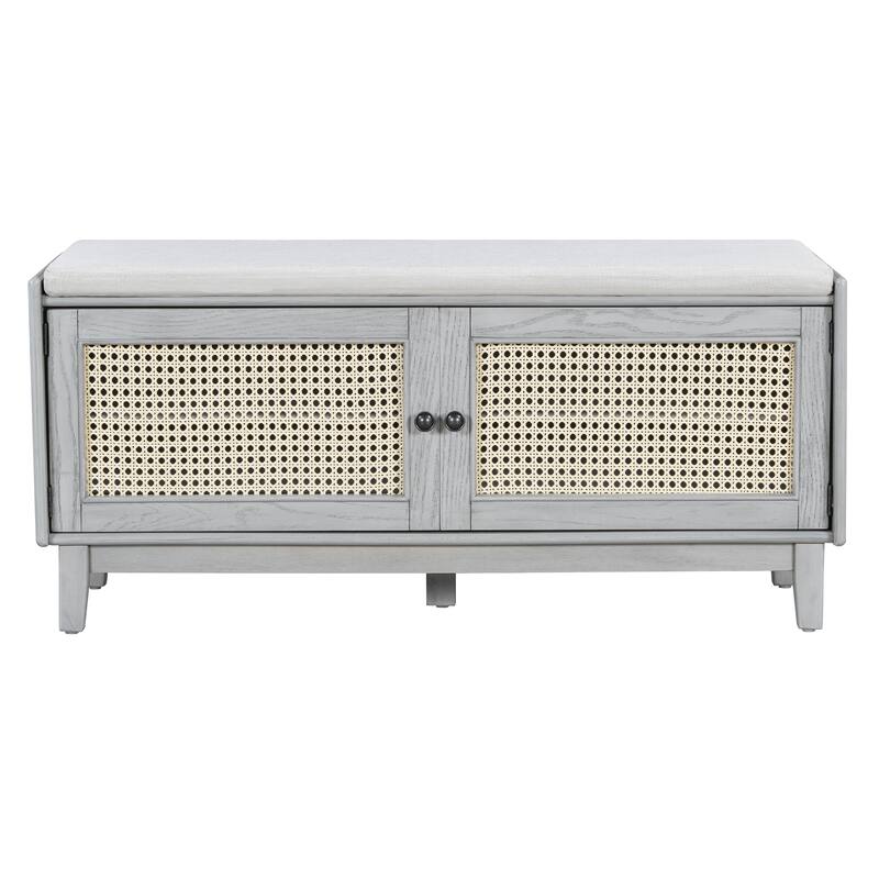 Roomfitters Entryway Storage Bench, Boho Rattan Cabinet, Hallway Organizer Seat with Cushion