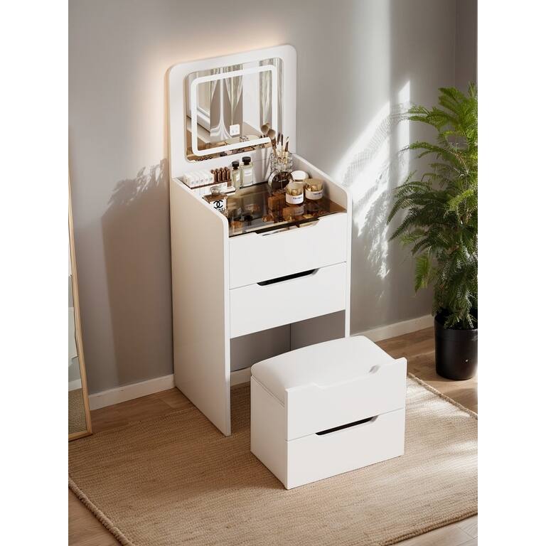3 in 1 Vanity Desk with Plip Top Mirror,Small Make Up Vanity Set with Visible Glass Desktop, Compact Dressing Table