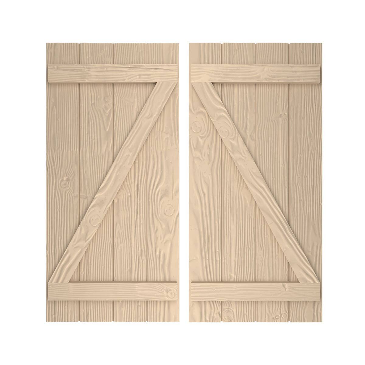 Rustic Four Board Joined BoardnBatten Faux Wood Shutters w/ZBoard (Per Pair), Primed Tan On