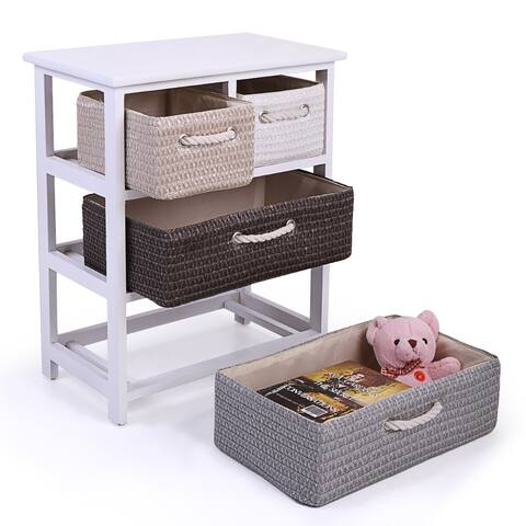 4-Drawer Storage Unit with Woven Baskets, Drawer Dresser Chest, Sturdy Wood Frame, Storage Tower in White