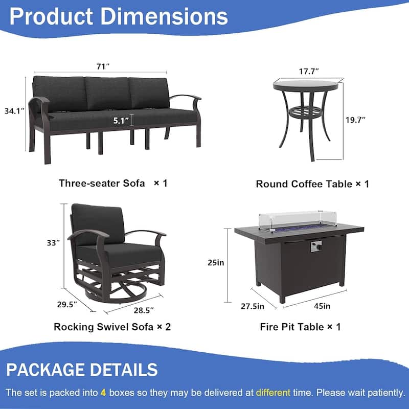 Aluminum Patio Furniture Set with FirePit Ottomans Swivel Chairs,Sectional Sofa with Thick Seat Cushions for Porch Garden