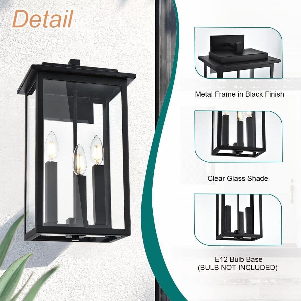 3-Light Outdoor Wall Sconce, Exterior Porch Light Wall Mount Lantern with Clear Glass for House, Farmhouse Sconces Lantern