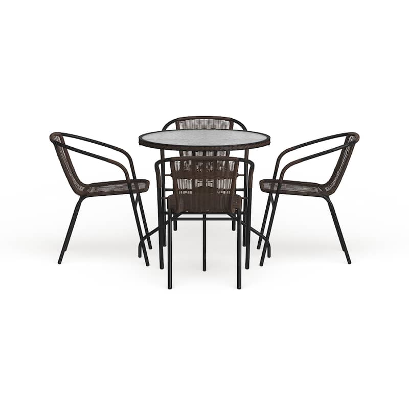 28'' Round Glass Metal Table with Rattan Edging and 4 Rattan Stack Chairs