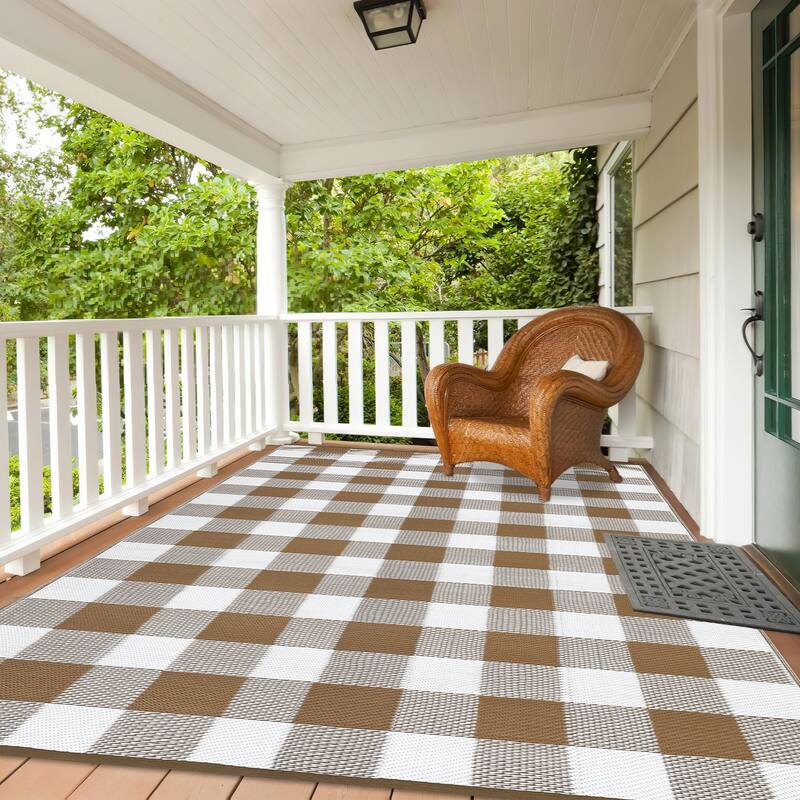 Outdoor Rug Waterproof Reversible Rug Indoor Outdoor Plaid Area Rug Plastic Straw Rug for Camping RV Backyard Patio - 9'x12' - Brown/White