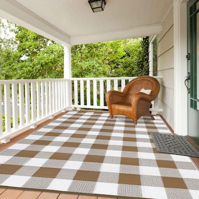 Outdoor Rug Waterproof Reversible Rug Indoor Outdoor Plaid Area Rug Plastic Straw Rug for Camping RV Backyard Patio