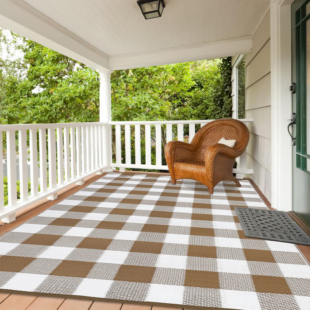 Outdoor Rug Waterproof Reversible Rug Indoor Outdoor Plaid Area Rug Plastic Straw Rug for Camping RV Backyard Patio
