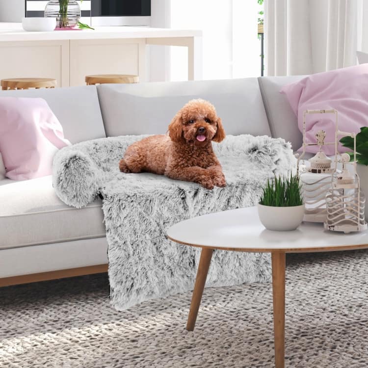 White-Grey Plush Calming Dog Couch Bed with Anti-Slip Bottom
