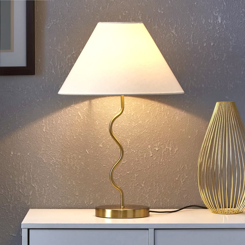 Brightech Squiggle Table 22" Antique Brass Traditional Super Bright LED Contemporary Table Lamp with Ivory Fabric Empire Shade