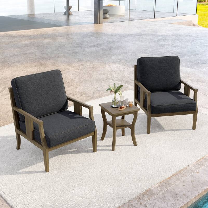 3-Piece Teak Wood Outdoor Armchair Set with Side Table, Cushions, Patio Seating Sets