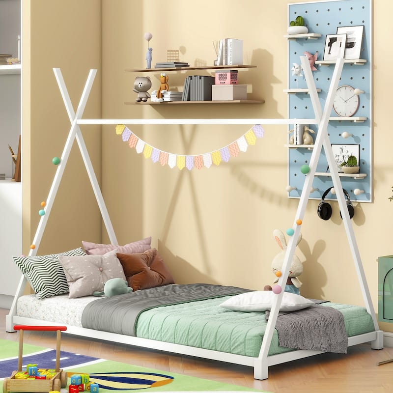Twin Metal House Platform Bed for Kids, Safe Design with Triangle Structure and Wood Slats, No Box Spring Needed - White