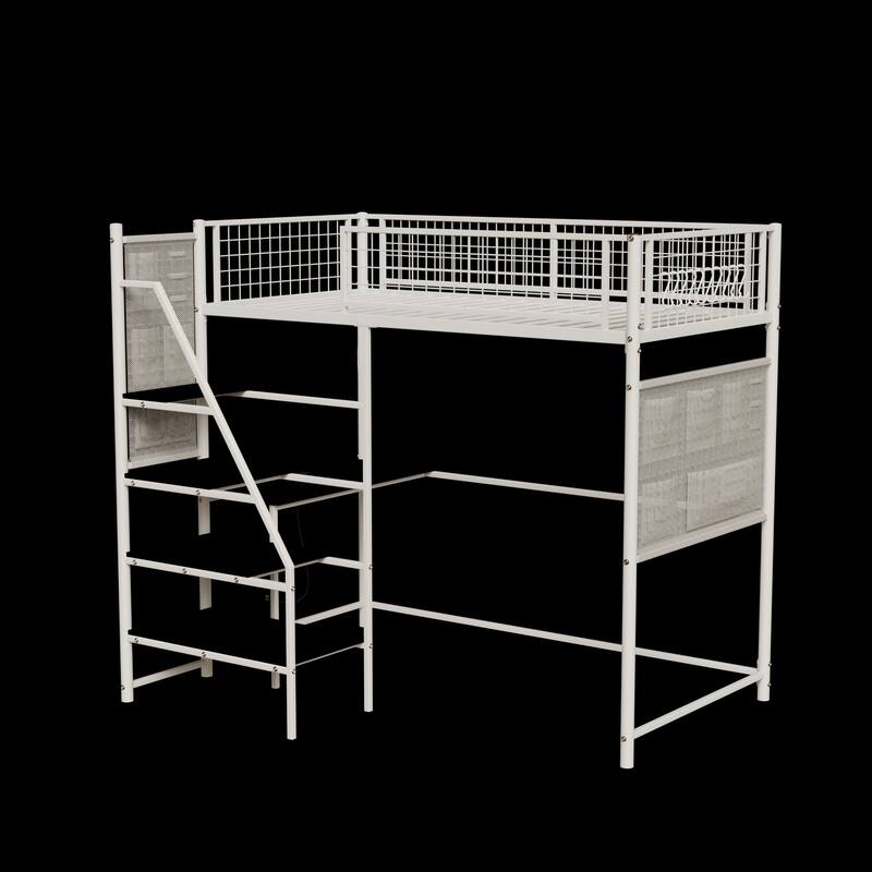 70'' Twin Metal Loft Bed with Built-in LED Lights and Charging Station