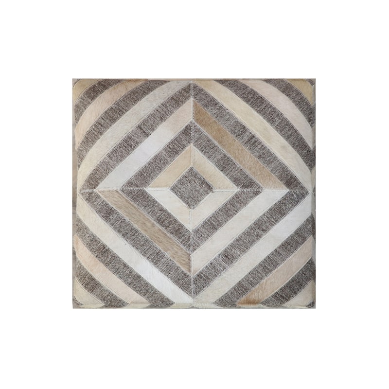 18" Gray and Beige Hair on Hide Cube Geometric Pouf Ottoman
