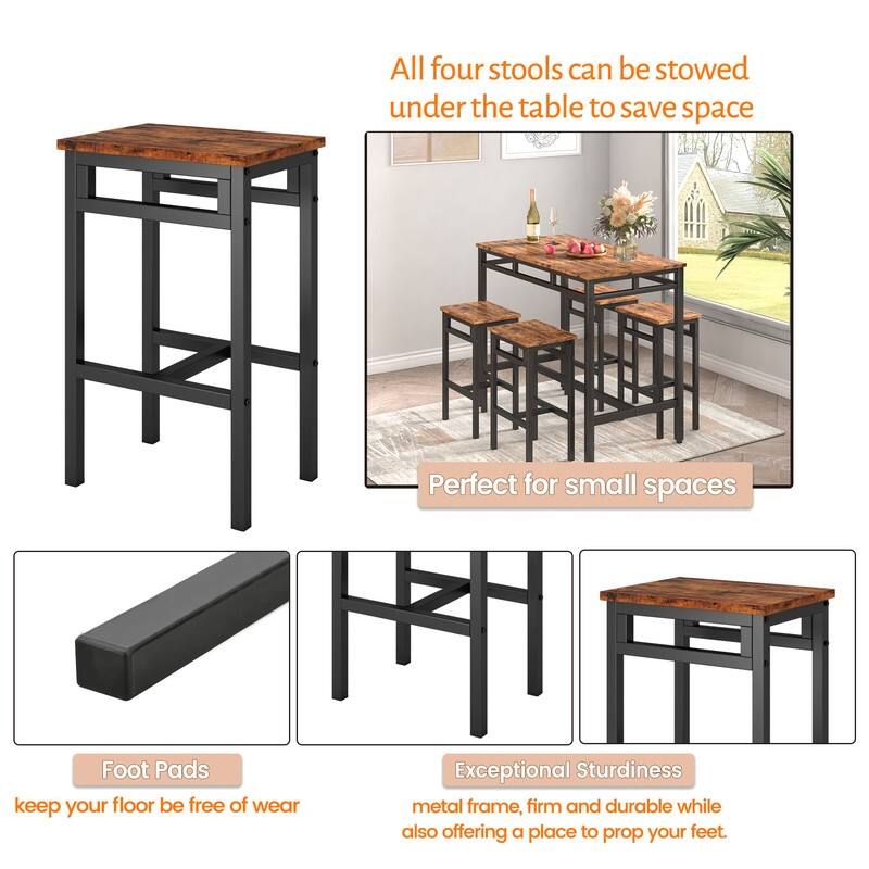 Rustic Brown 5 Piece Bar Table Set with 4 High Stools