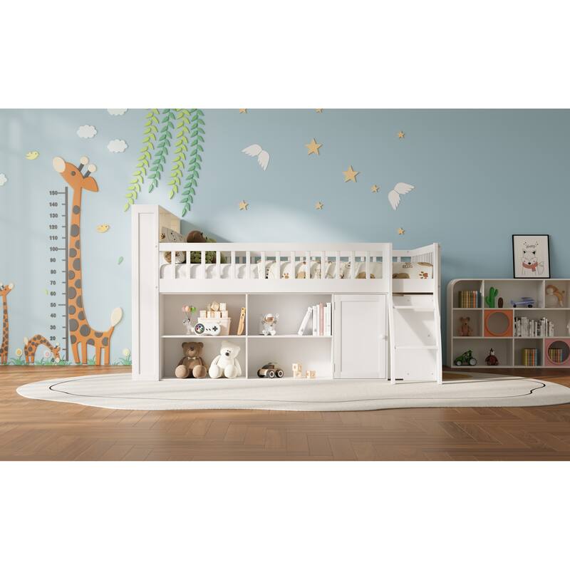 Roomfitters Full/Queen Loft Bed with Storage Shelves and LED Headboard