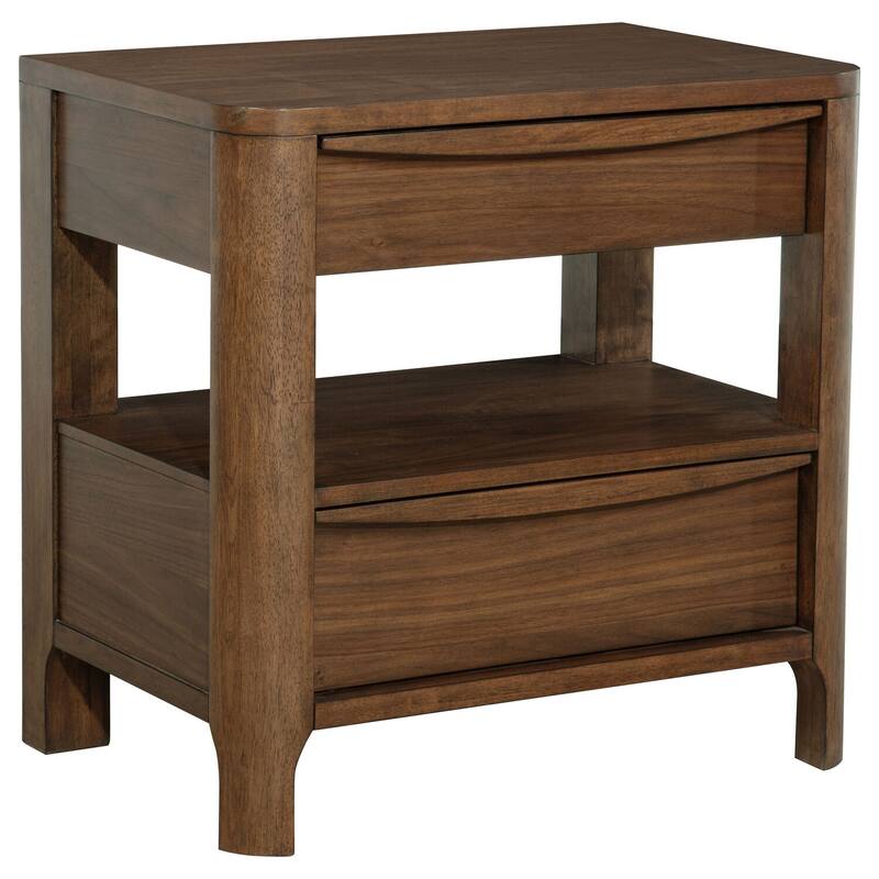 Walnut 2-Drawer Nightstand with Open Shelf, Cedar Drawer, Felt Lining and Curved Fronts for Transitional Style