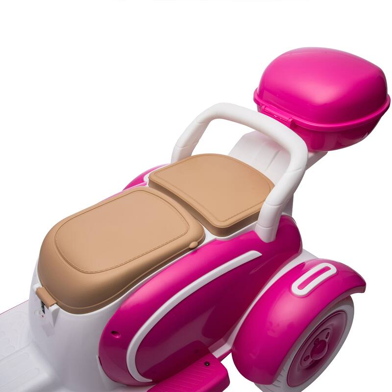12V Ride-On Two-Seater Motorcycle for Kids, Three-Wheel Design, USB, Bluetooth, Adult Seat Flip, and Storage for Ages 3-6.