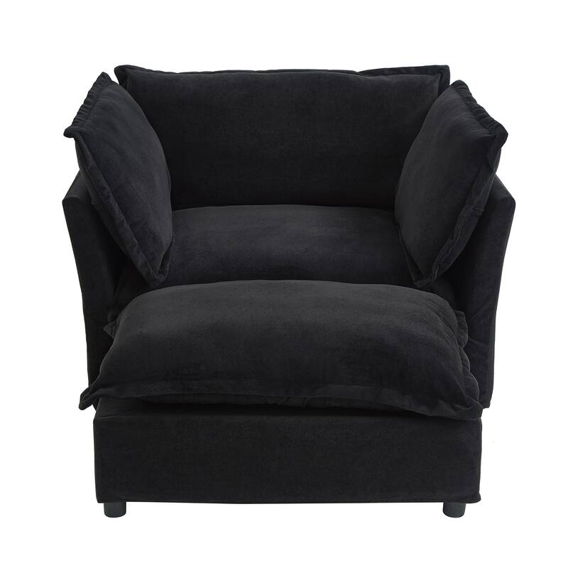 Chenille Modern Armchair Sofa with Movable Ottoman, Wide Seat, Curved Armrests, and Removable Cushions
