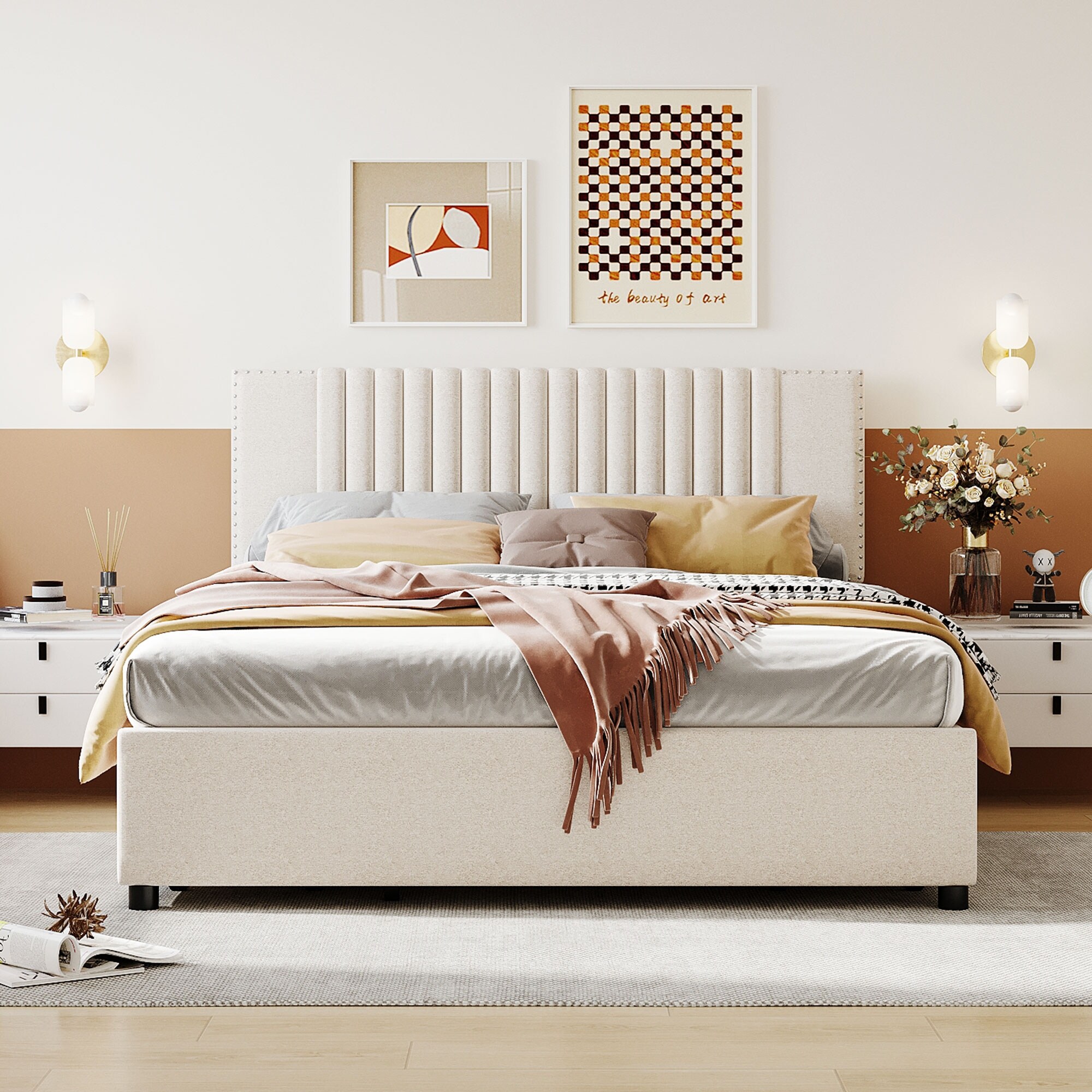 Linen Fabric Upholstered Bed Frame Queen Platform Bed with 4 Storage