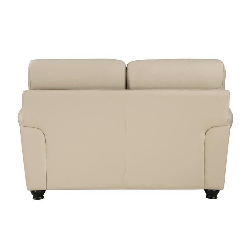 Kia 63 Inch Loveseat, Cream Top Grain and Faux Leather, Brown Solid Wood