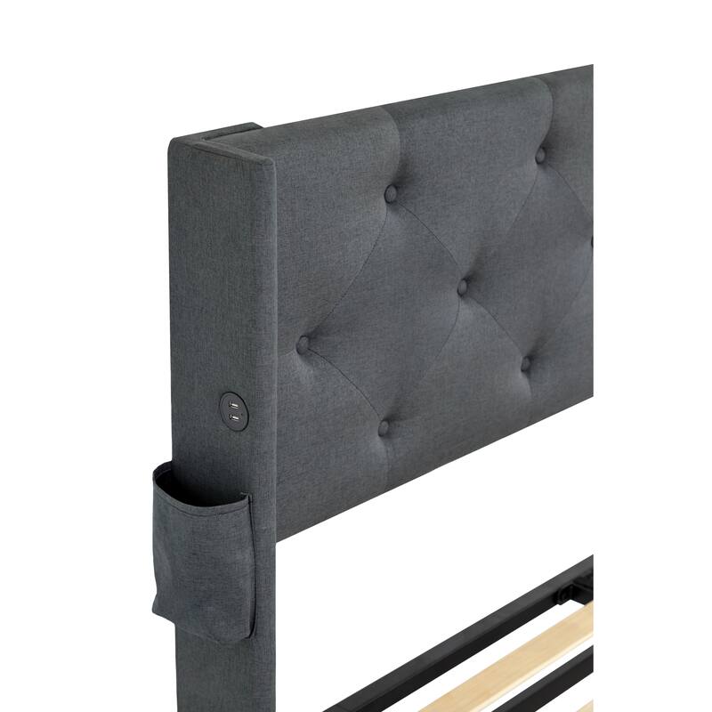 Full Size Bed Frame with Lift Storage, Modern Wingback Headboard, USB Ports, No Box Spring Needed