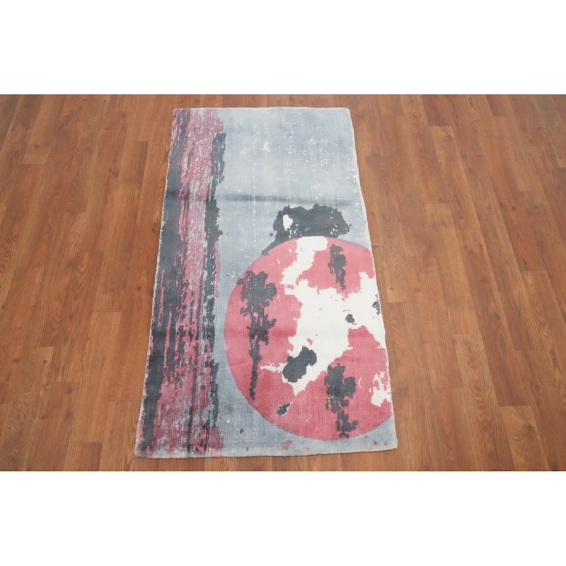 Hand Knotted Oriental Viscose Silk Carpet Modern Pictorial Greys & Charcoal Abstract Area Rug - 4' 0'' X 2' 0''