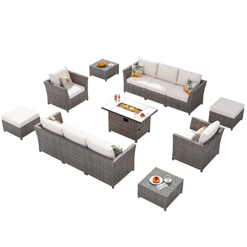 HOOOWOOO 13-piece Grey Wicker Patio Furniture Outdoor Sectional Set with Fire Pit