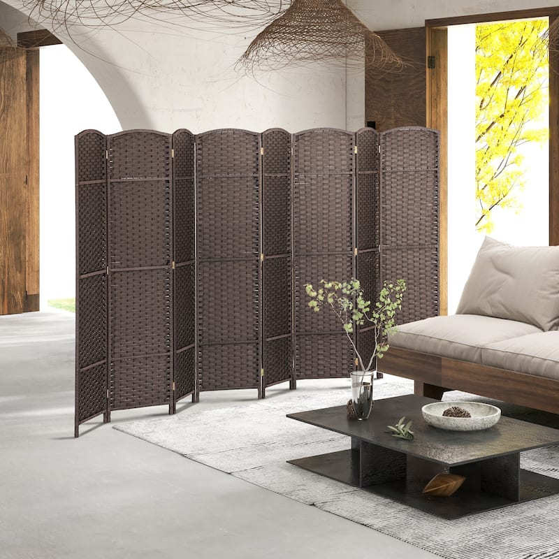 Polypropylene Pine Wood Weaving Room Divider with Arched Top - 8-panel - Brown