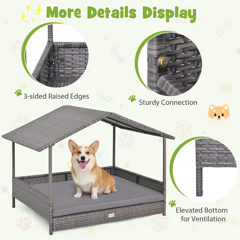 Gymax Wicker Dog House w/ Canopy PE Rattan Dog Bed Waterproof - Gray