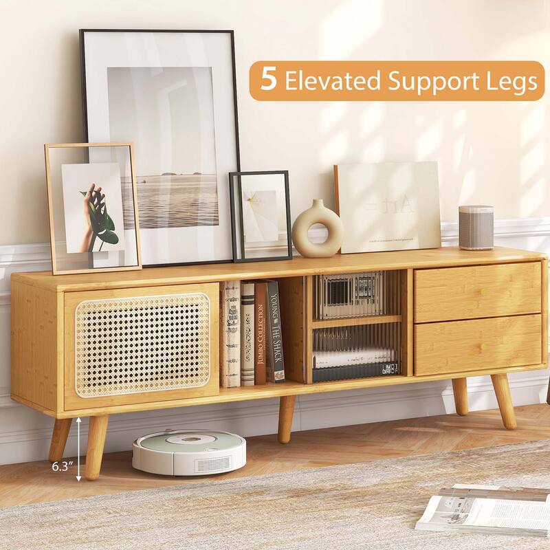 Costway Bamboo TV Stand Console Table with PE Rattan Door & 2 Drawers - See Details