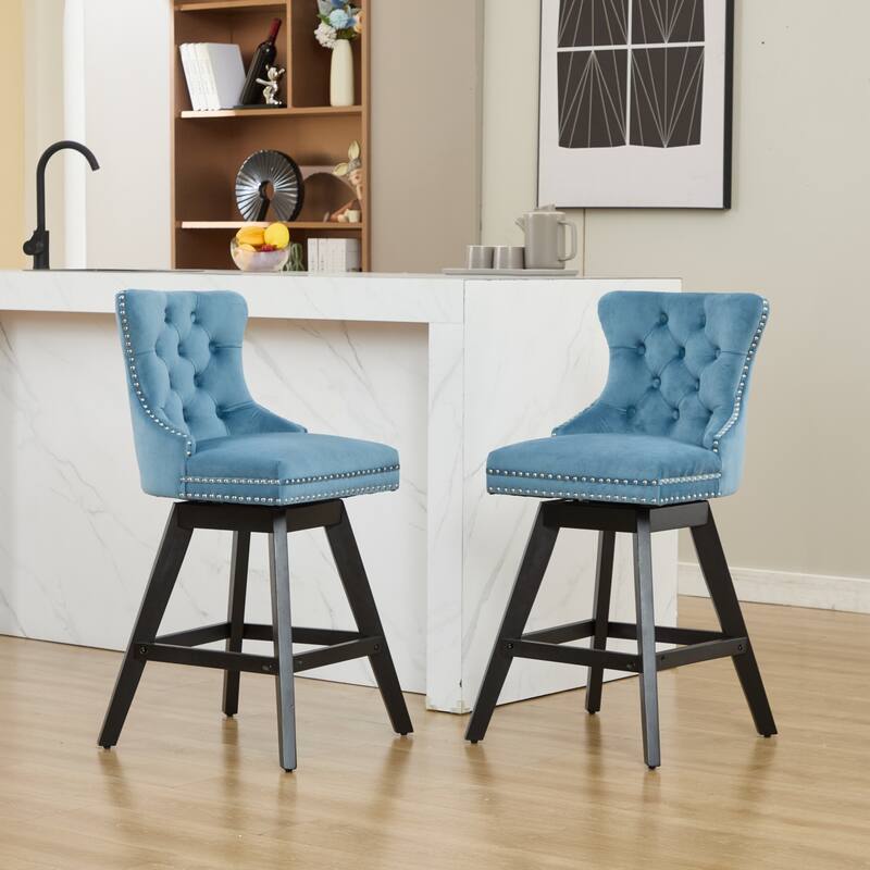 GDF Studio - Leisure Style Swivel Velvet Bar Stools with Button Tufted Decoration and Chrome Nailhead Trim (Set of 2)