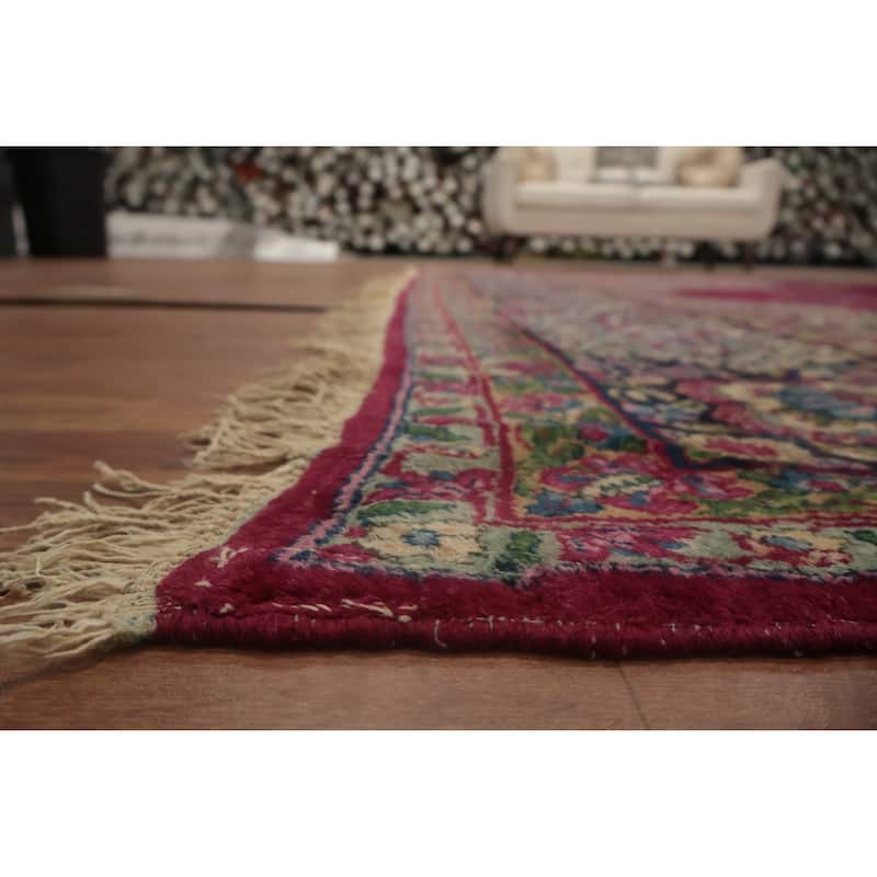 Hand Knotted Oriental 100% Wool Carpet Traditional Floral Pink Kerman Area Rug - 13' 10'' X 9' 9''