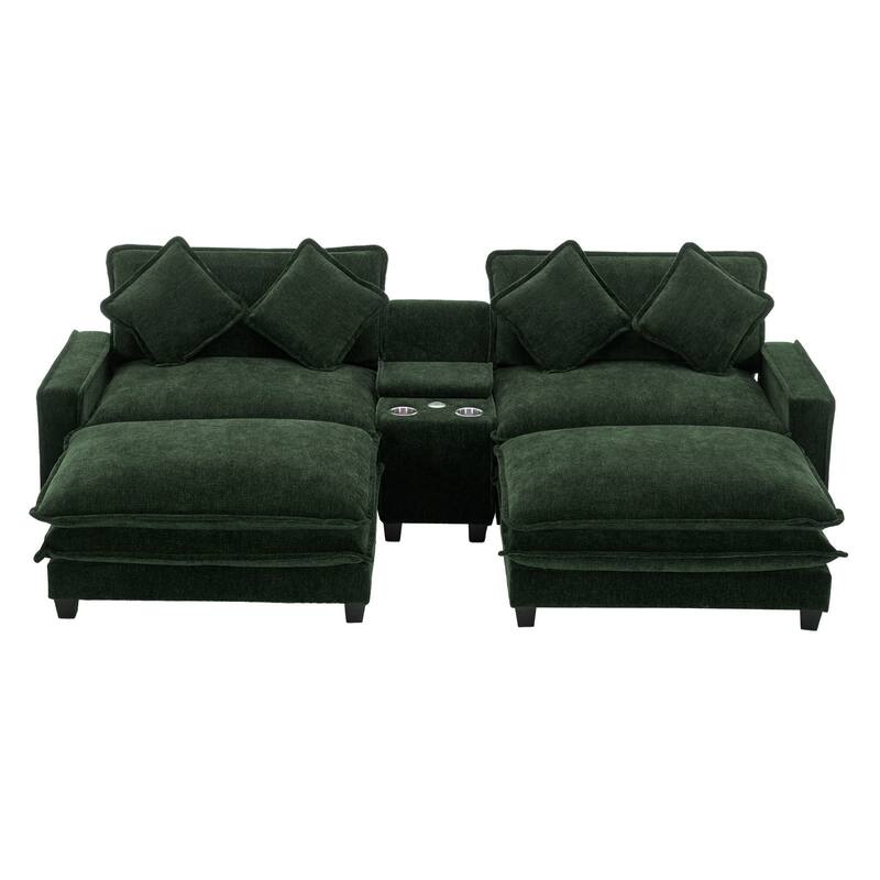 111" Chenille Sectional Sofa Set with USB Ports & Cup Holders, Oversized Chaise Lounge Modular Loveseat with 2 Ottomans