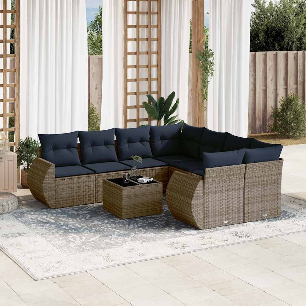 vidaXL 9 Piece Patio Sofa Set with Cushions Gray Poly Rattan - 121.3x27.2x98.4