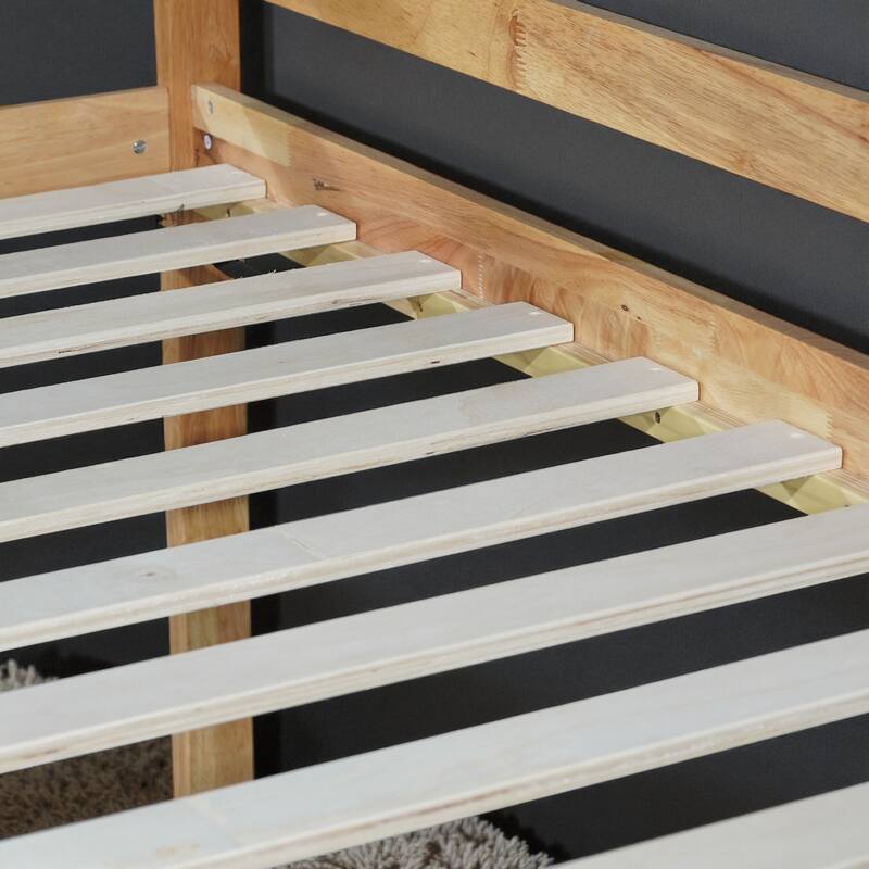 Solid Rubber Wood Twin Over Twin Floor Bunk Bed with Ladder, Low Height Design and Strengthened Slat Support