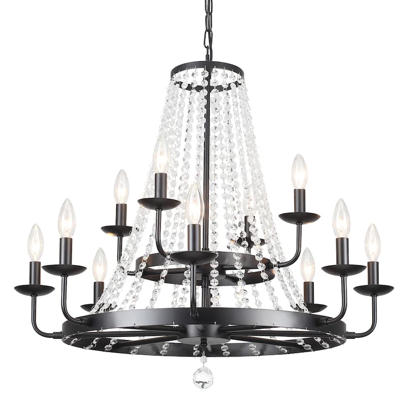 12-Light 29.52-inch Crystal Round Wagon Wheel Chandelier for Dining Room