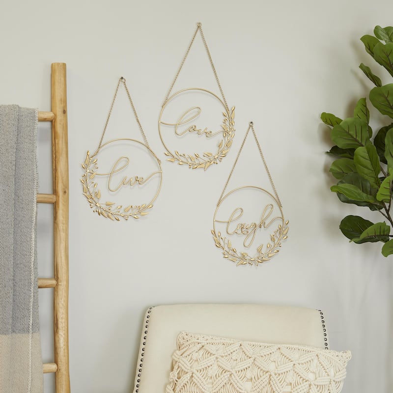 Metal Love, Laugh, Live Decorative Sign with Chain Hanger - Set of 3 Gold - Roche River Decor