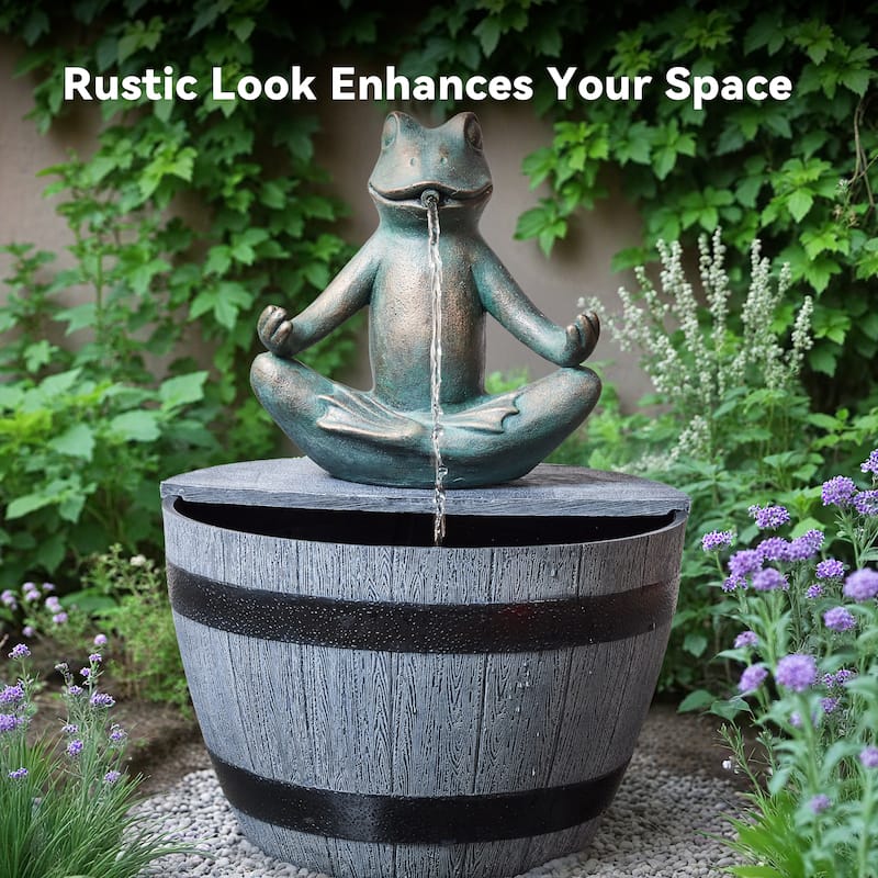 Rustic Polyresin Outdoor Fountain – Handcrafted Gray Frog and Barrel Design with Pumped Waterfall