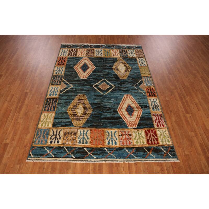 Blue Moroccan Oriental Area Rug Handmade Wool Carpet - 6'8" x 9'7"