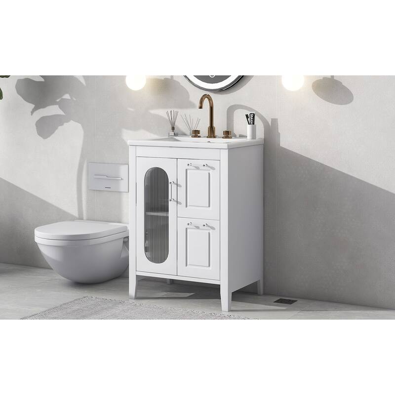 24" Black Bathroom Vanity with Sink - Solid Wood & MDF, Moru Glass Door, 2 Drawers, Adjustable Shelf