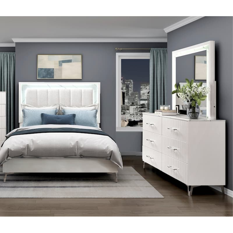 3-Piece LED Light Bedroom Furniture Set Bed Dresser Mirror Gloss White Finish - Queen