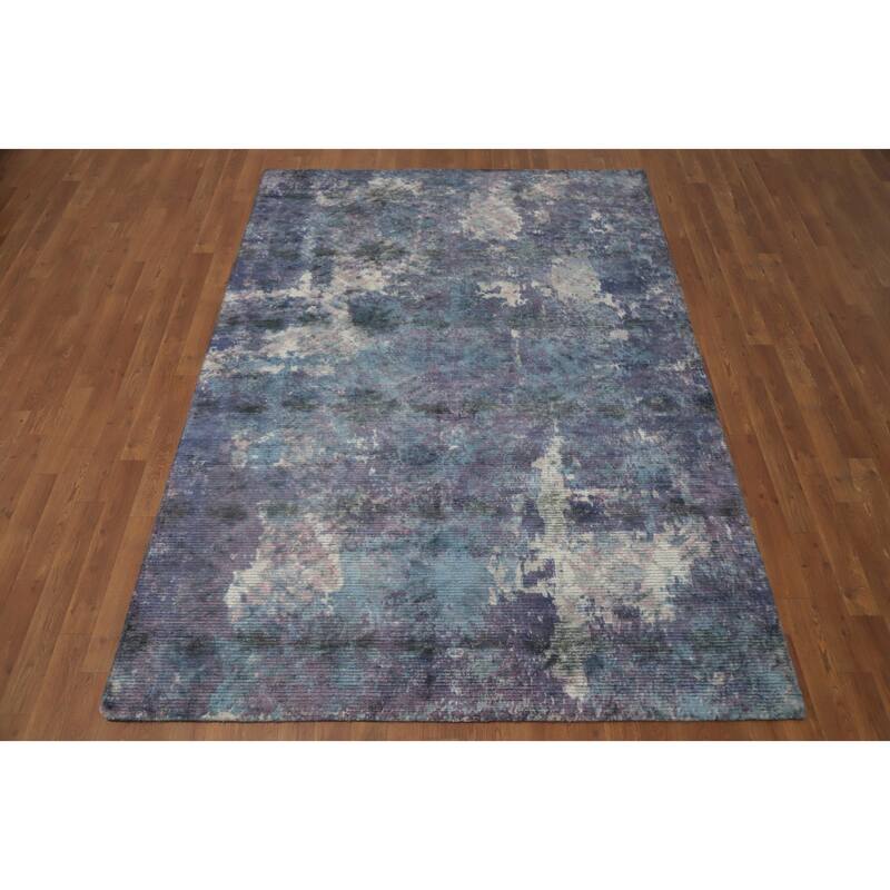 Hand Knotted Oriental Viscose Silk Carpet Modern All-Over Purples Abstract Area Rug - 7' 8'' X 5' 5''