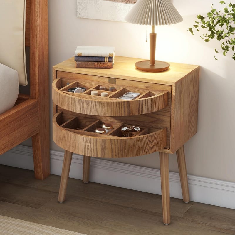 Mid-Century Modern Rattan Nightstand with Rotating Hidden Compartment and Wood Legs