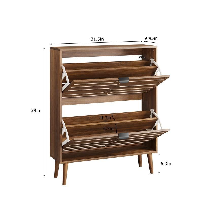 31.5"W Walnut Shoe Cabinet, 18 Pair Shoe Storage Cabinet W/2 Flip-Top Drawer - N/A
